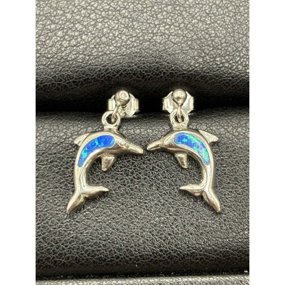New Condition Sterling Silver Lab Blue Dolphin Dangle Earrings 925 J3
